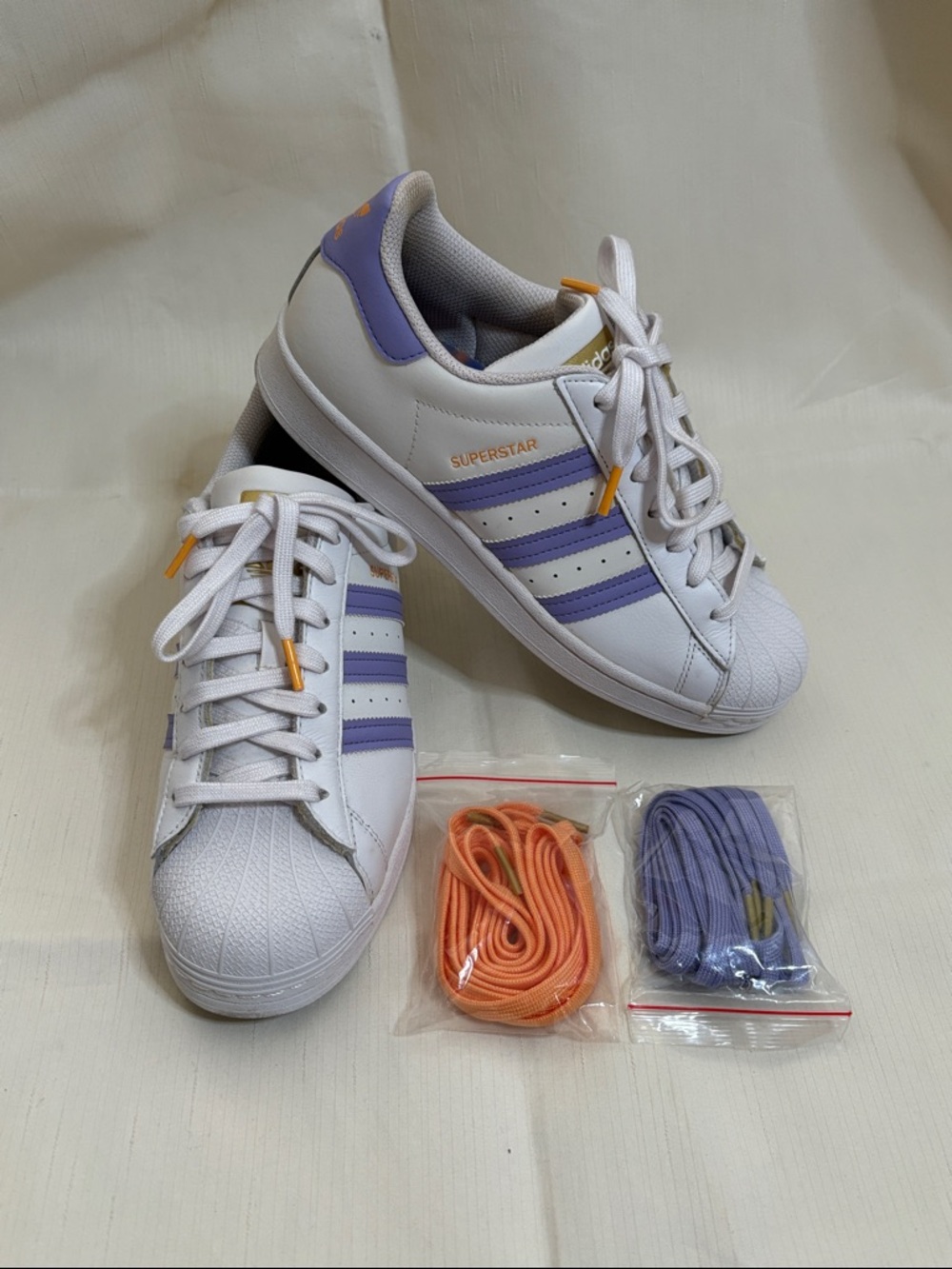 adidas Superstar White Sneakers with Lavender and Orange Accents (NO BOX)